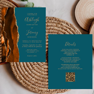 Carton d'invitation de mariage à code QR sarcelle 