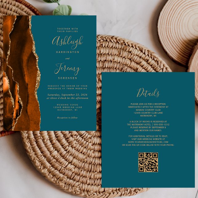 Carton d'invitation de mariage à code QR sarcelle  (Créateur téléchargé)