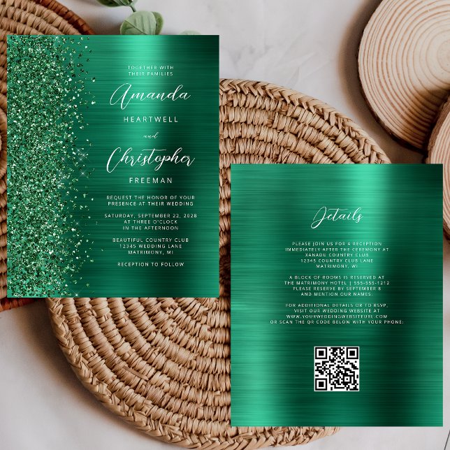 Carton d'invitation de mariage à code QR vert glam (Créateur téléchargé)