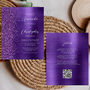 Carton d'invitation de mariage à code QR violet gl