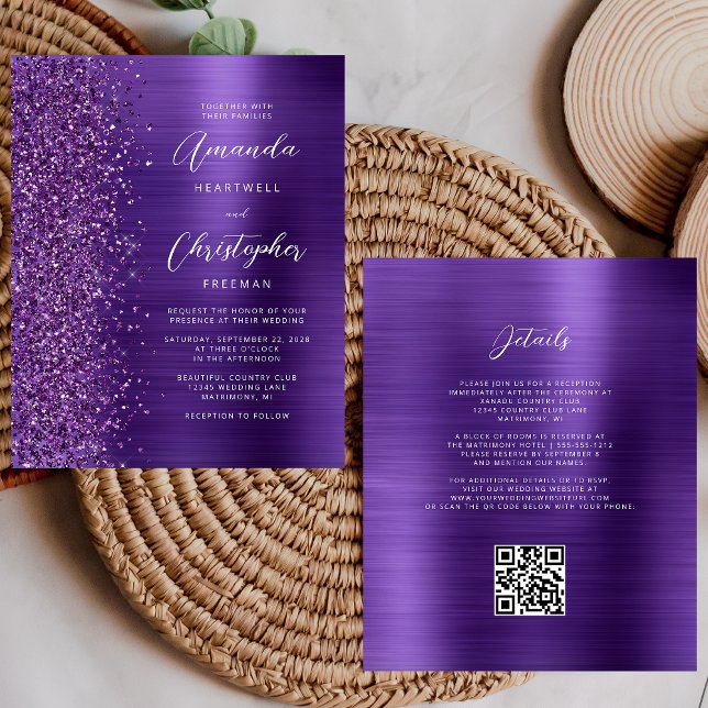 Carton d'invitation de mariage à code QR violet gl (Créateur téléchargé)