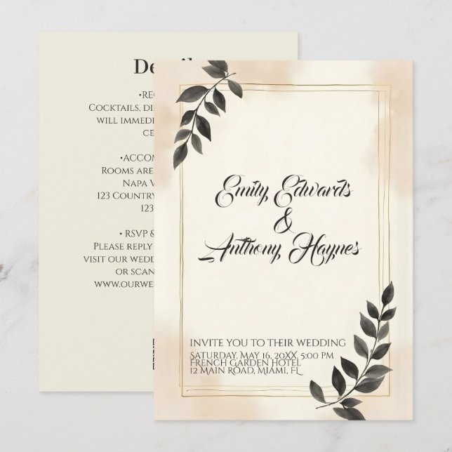 Carton d'invitation de mariage à feuille vert fonc (Devant / Derrière)