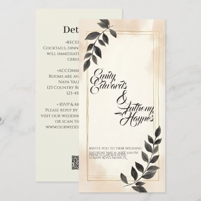 Carton d'invitation de mariage à feuille vert fonc (Devant / Derrière)