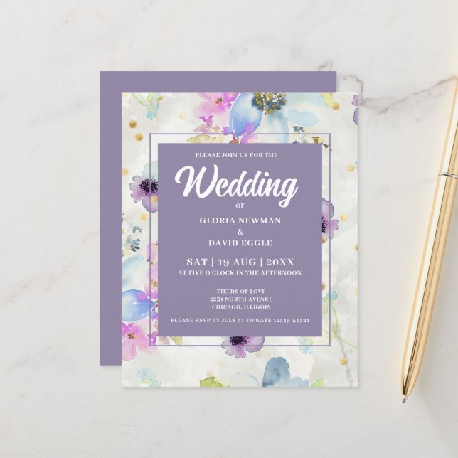 Carton d'invitation de mariage à l'aquarelle mauve (Devant/Arrière en situation)