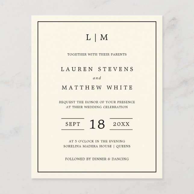 Carton d'invitation de mariage au monogramme jaune (Devant)