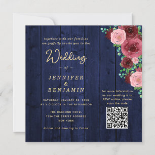 Carton d'invitation de mariage bleu marine et bord