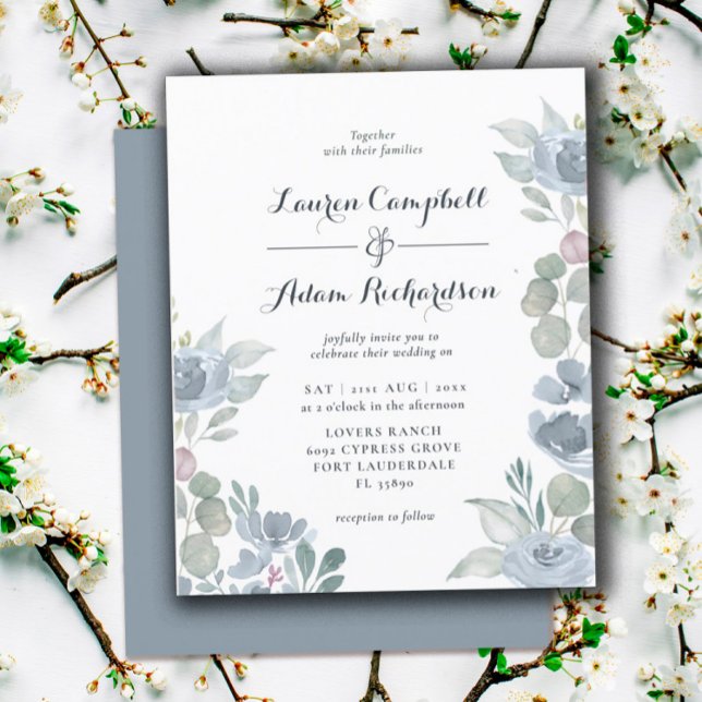 Carton d'invitation de mariage bleu poussiéreux Eu (Créateur téléchargé)