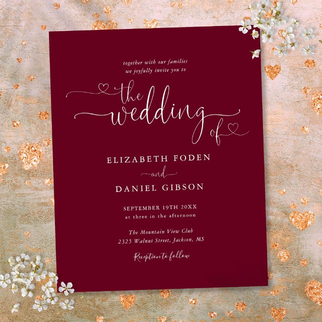 Carton d'invitation de mariage bordeaux à petit bu (Budget Script Burgundy Wedding Invitation)