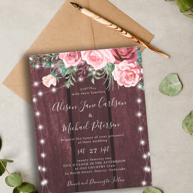Carton d'invitation de mariage bordeaux rosé rusti (Créateur téléchargé)