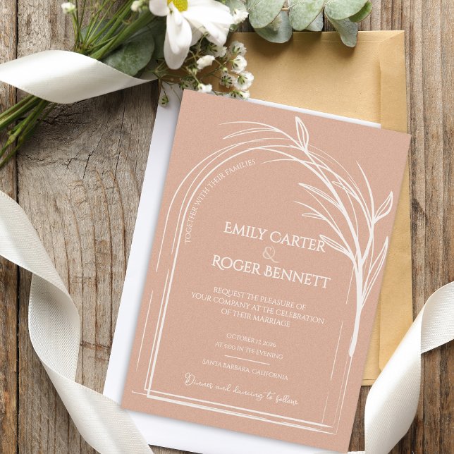 Carton d'invitation de mariage botanique rose pous (Dusty Rose Minimalist Arch Botanical Wedding Invitation Flat Card | Romantic Elegant Wedding Invite)