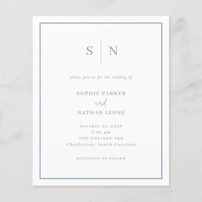 Carton d'invitation de mariage chic bleu poussiére (Devant)