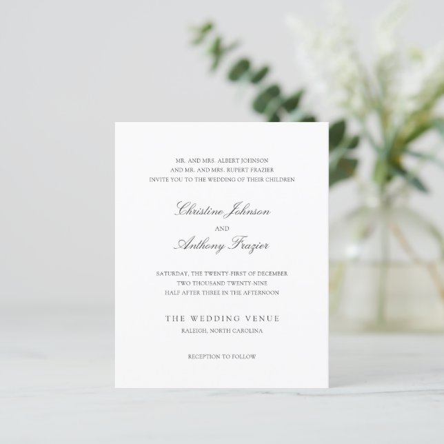 Carton d'invitation de mariage classique noir et b (Debout devant)