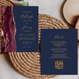 Carton d'invitation de mariage Code QR Or Bourgogn