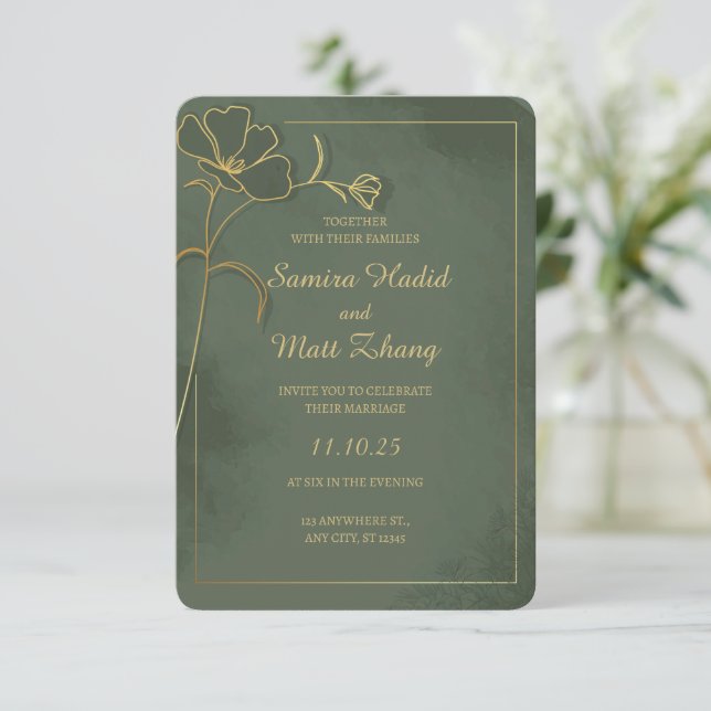 Carton d'invitation de mariage élégant floral vert (Debout devant)
