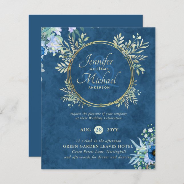 CARTON D'INVITATION DE MARIAGE FLEUR BLEU PÂLE ET  (Devant / Derrière)