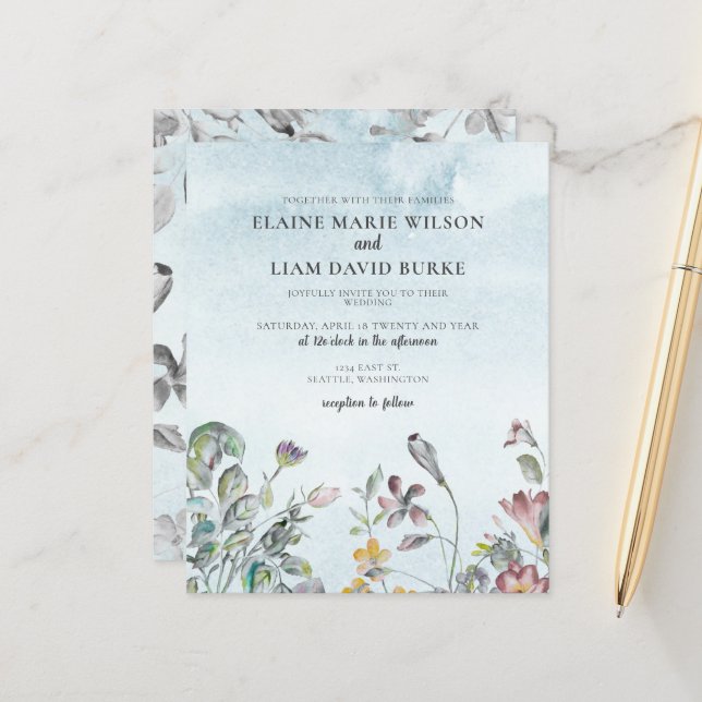 Carton d'invitation de mariage fleurs champêtres b (Devant/Arrière en situation)