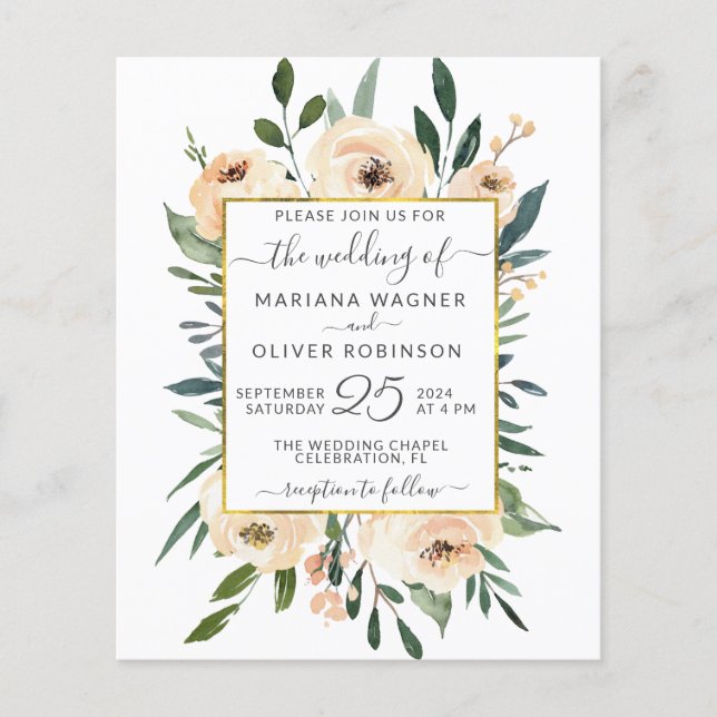 Carton d'invitation de mariage floral beige or noi (Devant)
