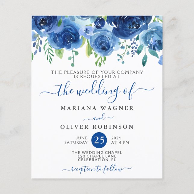 Carton d'invitation de mariage floral bleu marine (Devant)