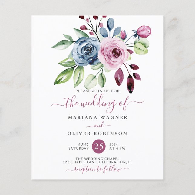 Carton d'invitation de mariage floral bleu marine  (Devant)