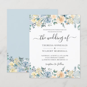 Carton d'invitation de mariage floral bleu poussié