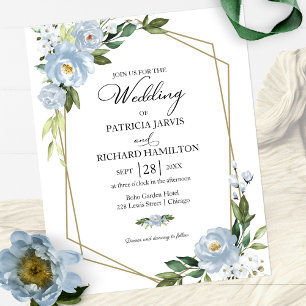 Carton d'invitation de mariage floral bleu poussié