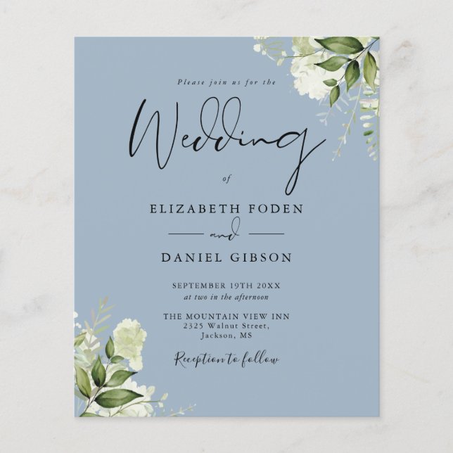 Carton d'invitation de mariage floral bleu poussié (Devant)