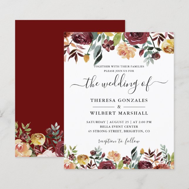 Carton d'invitation de mariage floral Bourgogne (Devant / Derrière)