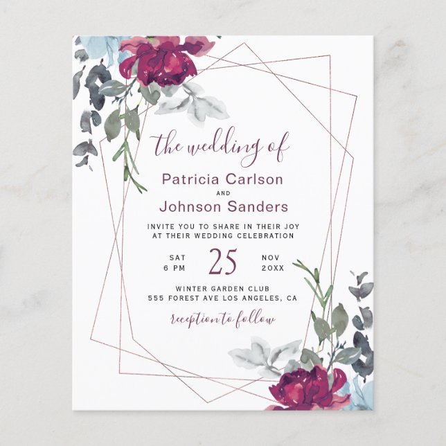 Carton d'invitation de mariage floral chic bordeau (Devant)