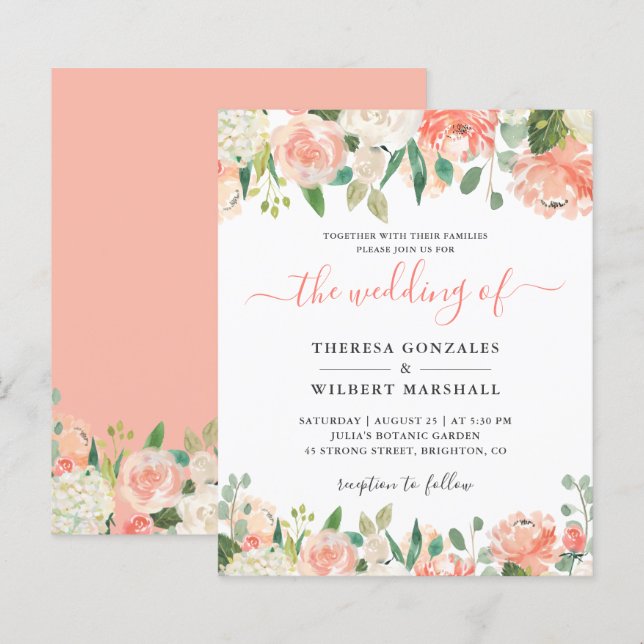 Carton d'invitation de mariage floral corail pêche (Devant / Derrière)