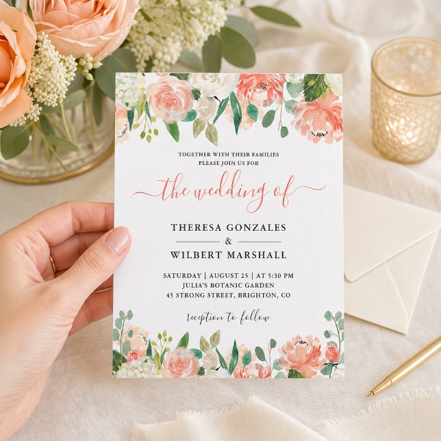 Carton d'invitation de mariage floral corail pêche (Créateur téléchargé)
