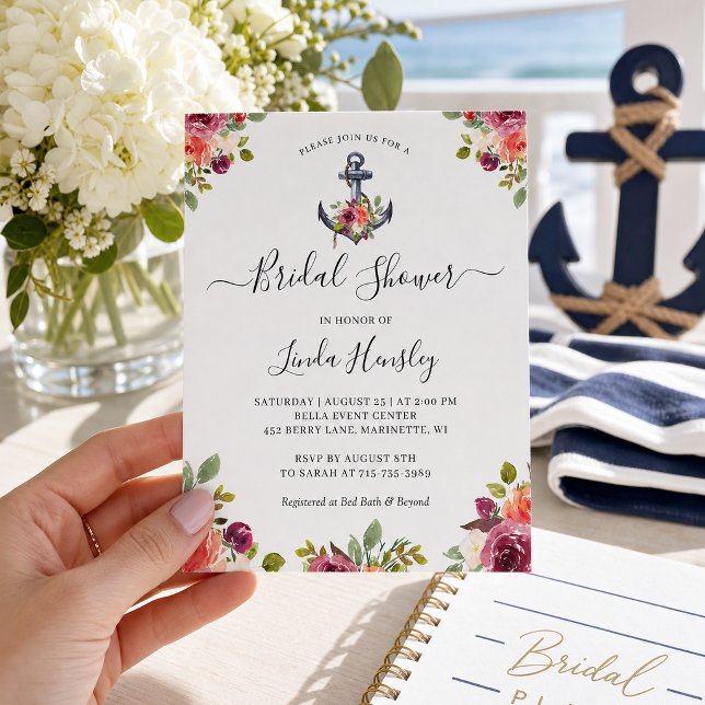 Carton d'invitation de mariage floral nautique (Créateur téléchargé)