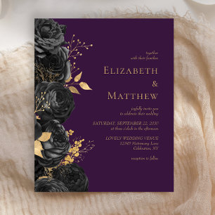 Carton d'invitation de mariage floral noir or budg