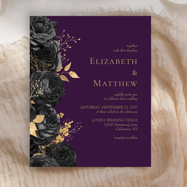Carton d'invitation de mariage floral noir or budg (Créateur téléchargé)