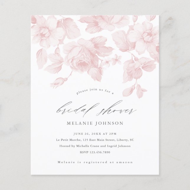 Carton d'invitation de mariage floral rose écritur (Devant)