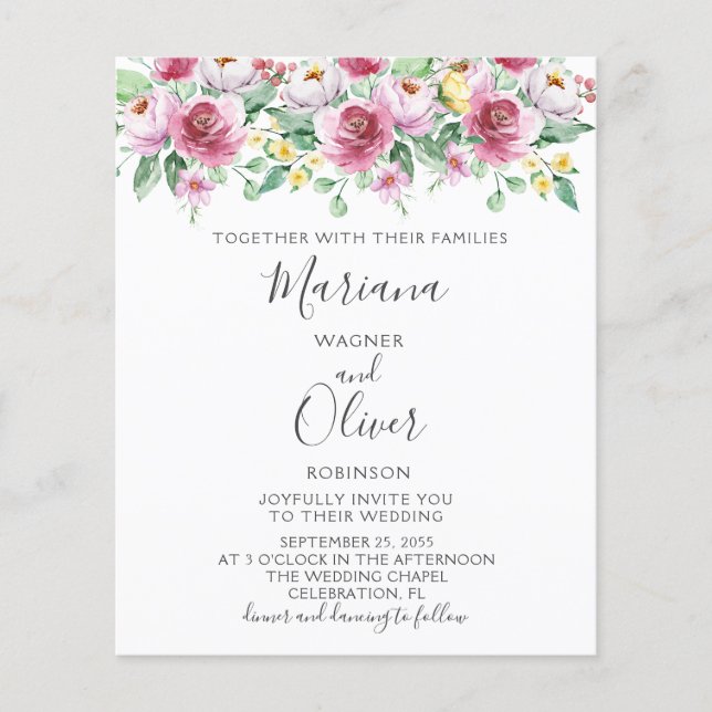 Carton d'invitation de mariage floral rose jaune à (Devant)