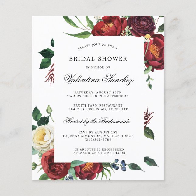 Carton d'invitation de mariage floral rouge et bla (Devant)