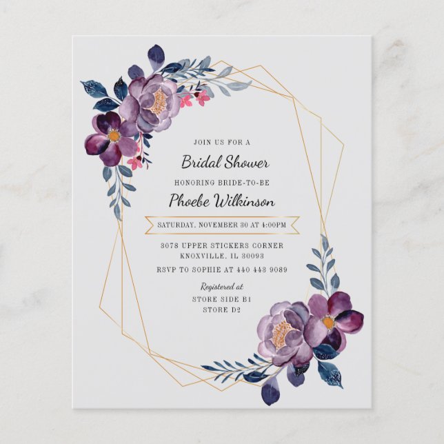 Carton d'invitation de mariage floral violet Budge (Devant)