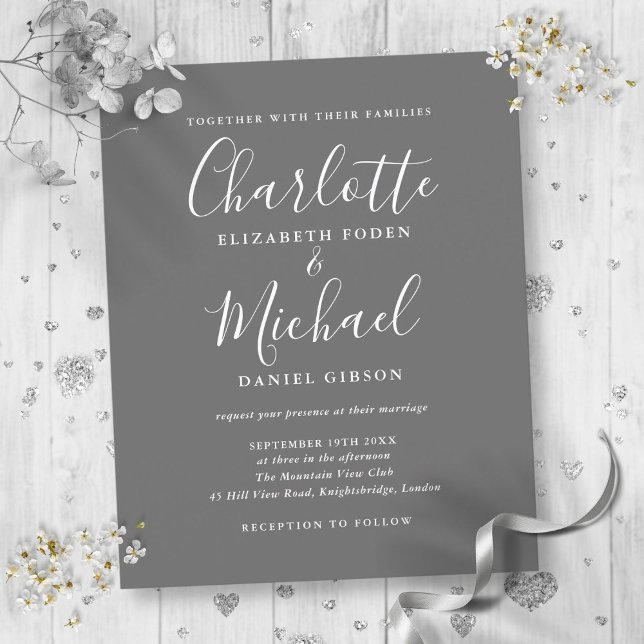 Carton d'invitation de mariage gris et blanc à écr (Budget Gray And White Script Wedding Invitation)