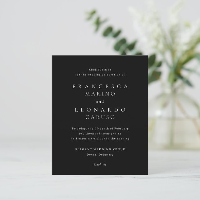Carton d'invitation de mariage noir classique simp (Debout devant)