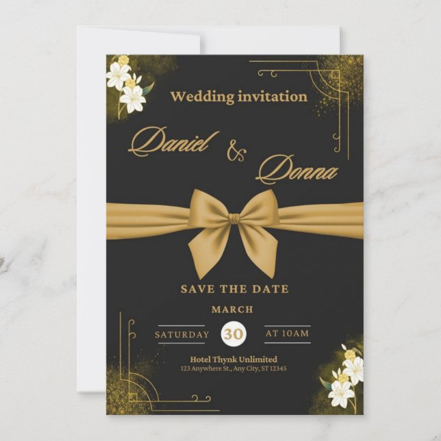 Carton d'invitation de mariage noir et or élégant  (Devant)