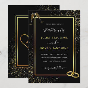 Carton d'invitation de mariage pailleté noir et or