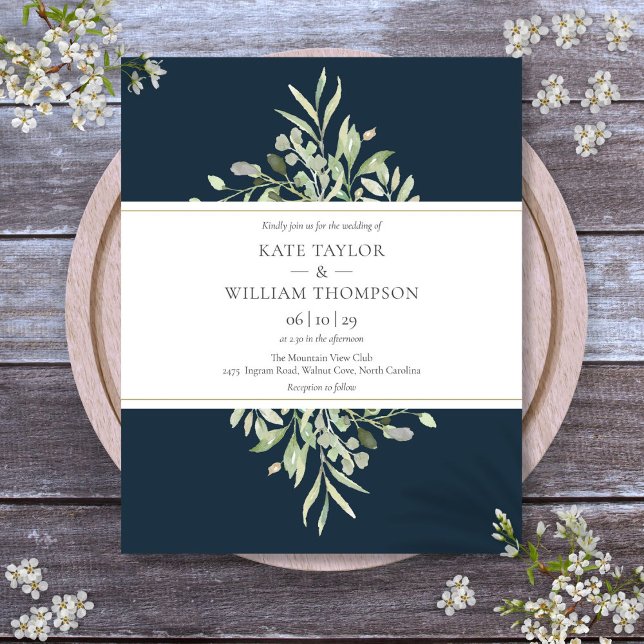 Carton d'invitation de mariage pas cher Deep Sea B (Deep Sea Blue Greenery Budget Wedding Invitation)