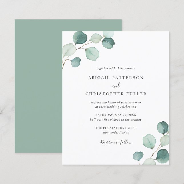Carton d'invitation de mariage pas cher Eucalyptus (Devant / Derrière)