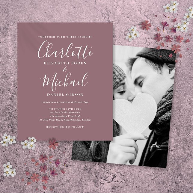 Carton d'invitation de mariage photo de script mau (Budget Mauve Script Photo Wedding Invitation)