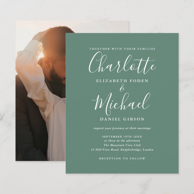 Carton d'invitation de mariage photo vert eucalypt (Devant / Derrière)