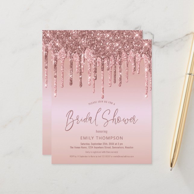 Carton d'invitation de mariage Rose Gold Pailleté  (Devant/Arrière en situation)