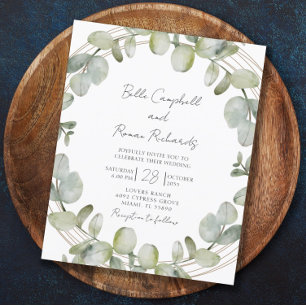 Carton d'invitation de mariage vert eucalyptus or 