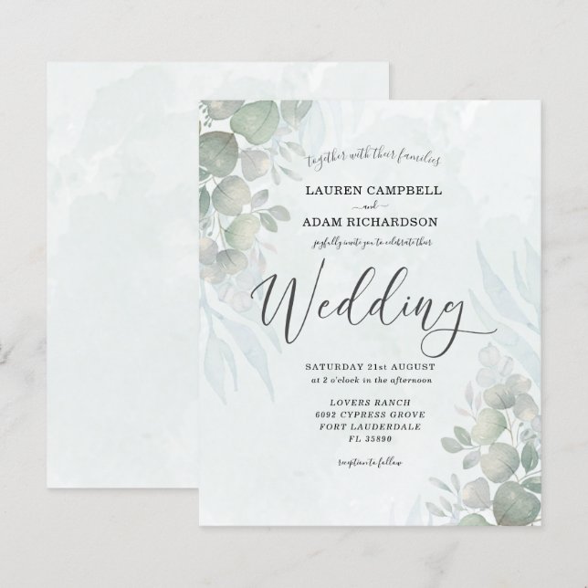 Carton d'invitation de mariage vert sauge Eucalypt (Devant / Derrière)