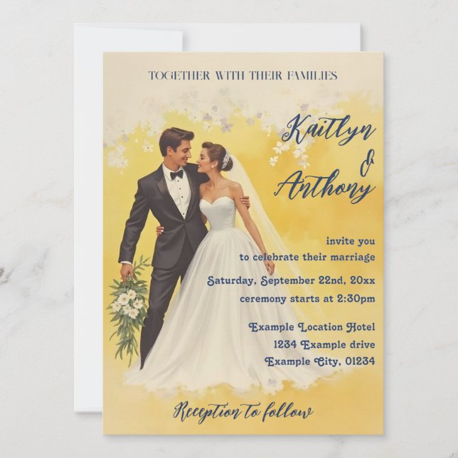 Carton d'invitation de mariage vintage style Belle (Devant)