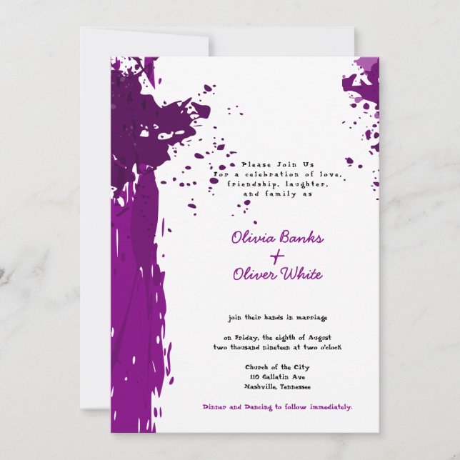 Carton d'invitation de mariage violet à éclaboussu (Devant)